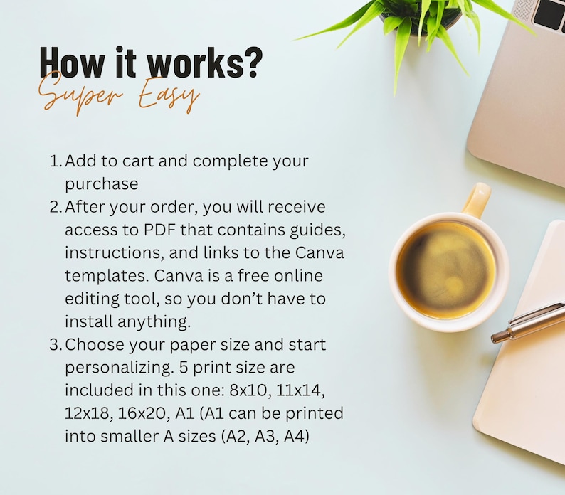 May include: A light blue workspace with text that reads "How it works? Super Easy." A cup of coffee, a laptop, a pen, and a small plant are also visible. The text explains the steps to purchase and personalize a product.