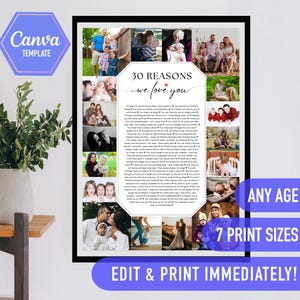 30 reasons we love  you, 30th birthday gift, 30 things that we love about you, birthday decoration, canva template, 30 birthday template