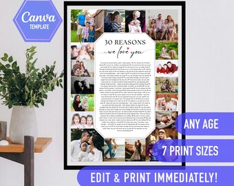 30 reasons we love  you, 30th birthday gift, 30 things that we love about you, birthday decoration, canva template, 30 birthday template