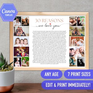 30 reasons we love  you, 30th birthday gift, 30 things that we love about you, birthday decoration, canva template, 30 birthday template