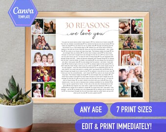 30 reasons we love  you, 30th birthday gift, 30 things that we love about you, birthday decoration, canva template, 30 birthday template