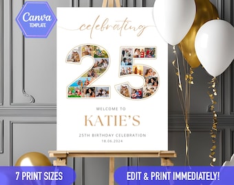 25th birthday sign Photo collage, 25th bday ideas, 25th birthday decoration gold white Welcome sign | CANVA Editable DIY template poster