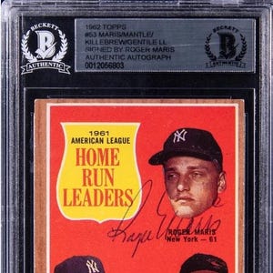 1962 Topps HomeRun Führer # 53 signierte Roger Maris Karte Auto w / Mickey Mantle BGS