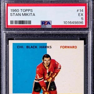 Cartão RC PSA 5 Topps #14 Stan Mikita Chicago Blackhawks ROOKIE de 1960, beleza!