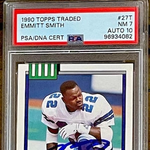 Tarjeta de novato de Emmitt Smith, número 27T, de TOPPS TRADED 1990, RC hof psa 7 dna auto 10