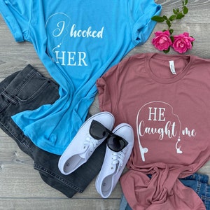 Engagement Fishing Shirt! I Hooked Her, He Caught Me shirts Honeymoon Fishing Shirt. Couples Fishing Tees! Fisherman shirts! Fishing  Shirts