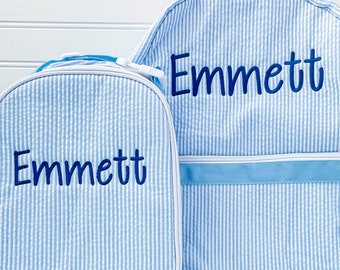 Monogrammed Seersucker Preschool Backpack & Lunchbox Set