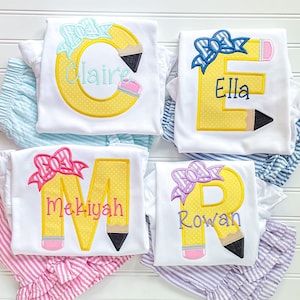 Conjunto bordado para el regreso a clases, camisa tipo lápiz con apliques, atuendo personalizado para el primer día de clases, conjunto con volantes de seersucker rosa.