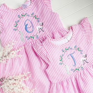 Personalized Easter Dress, Toddler Easter Dress, Seersucker Bunny Dress, Monogrammed Easter Dress, Bunny and Lamb, Floral Seersucker Dress