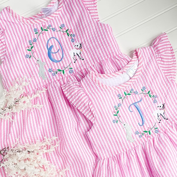 Personalized Easter Dress, Toddler Easter Dress, Seersucker Bunny Dress, Monogrammed Easter Dress, Bunny and Lamb, Floral Seersucker Dress