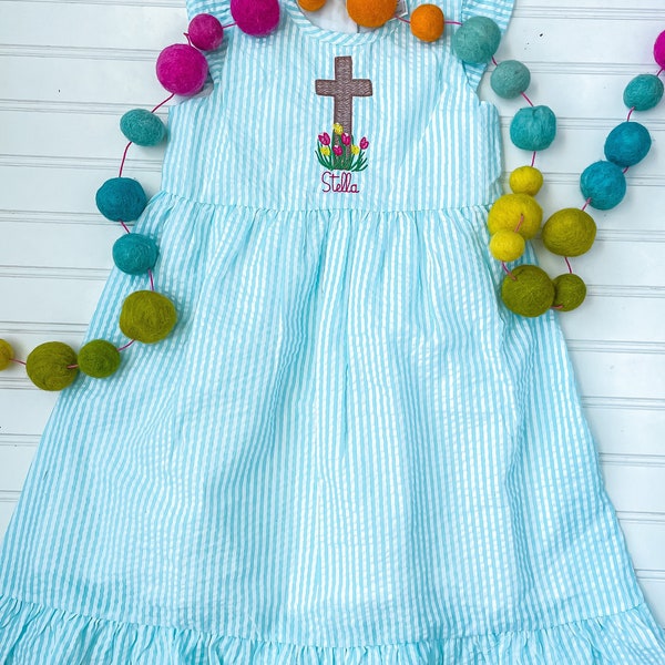 Personalized Easter Dress, Toddler Easter Dress, Seersucker Bunny Dress, Monogrammed Easter Dress, Bunny and Lamb, Floral Seersucker Dress