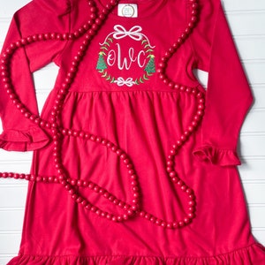 Girls Embroidered Monogram Christmas Dress, Red Holiday Party Dress
