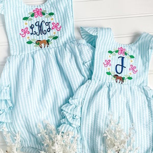 Monogrammed Seersucker Horse Romper, Personalized Baby Outfit, Romper with Initial, Horse Bubble, Derby Outfit, Baby Girl&#39;s Sunsuit