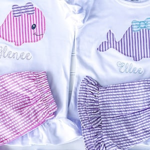 Personalized Applique Whale Set, Seersucker Whale Shirt, Seersucker Whale Outfit, Sister Match, Girl Gift, Nautical Outfit