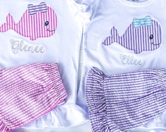 Traje de ballena de seersucker con apliques personalizados, Sister Match