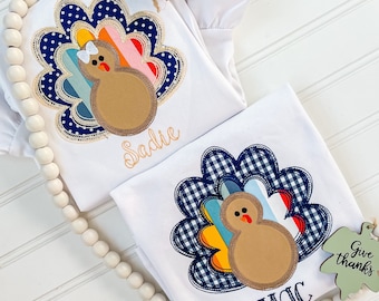 Monogrammed Turkey Set, Thanksgiving Sibling Outfit, Applique Turkey Shirt, Embroidered Thanksgiving Tee, Personalized Fall Kid's Cothing