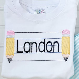 Monogrammed Back to School Shirt, First Day of School Shirt, Embroidered Pencil Tee, Kid&#39;s School Shirt, Personalized Preschool T-Shirt