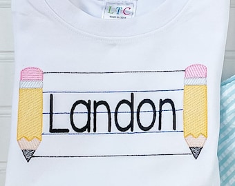Monogrammed Back to School Shirt, First Day of School Shirt, Embroidered Pencil Tee, Kid's School Shirt, Personalized Preschool T-Shirt