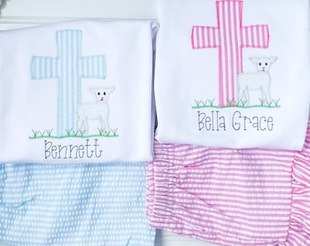 Besticktes Oster-Set, personalisiertes Oster-Outfit, Kinder-Kreuz-Shirt mit Lamm, Kleinkind-Ostern-Outfit, Seersucker-Ostern-Outfit, Christian