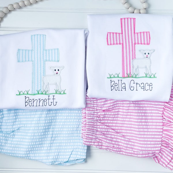 Embroidered Easter Set, Personalized Easter Outfit, Kids Cross Shirt with Lamb, Toddler Easter Shirt, Seersucker Easter Outfit, Christian