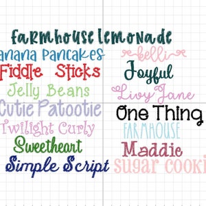 May include: A grid displays various text phrases in different fonts and colors. Phrases include "Farmhouse Lemonade," "Banana Pancakes," "Fiddle Sticks," "Jelly Beans," "Cutie Patootie," "Twilight Curly," "Sweetheart," and "Simple Script."