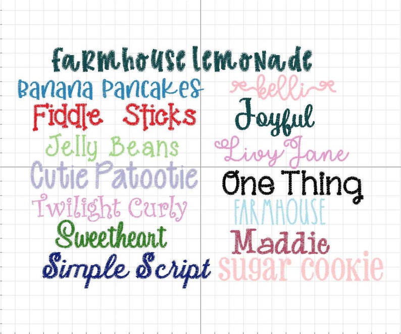 May include: A grid displays various text phrases in different fonts and colors. Phrases include "Farmhouse Lemonade," "Banana Pancakes," "Fiddle Sticks," "Jelly Beans," "Cutie Patootie," "Twilight Curly," "Sweetheart," and "Simple Script."