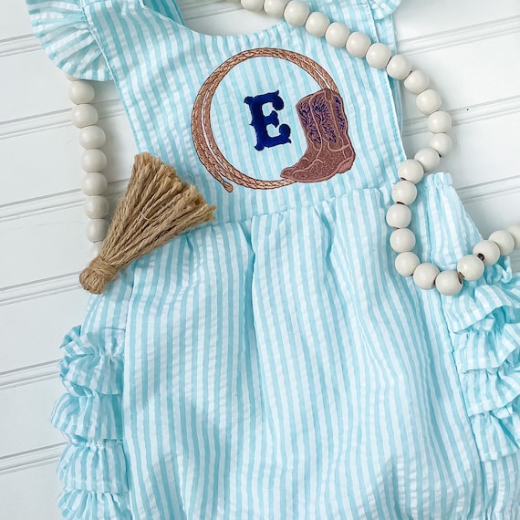 Monogrammed Seersucker Cowgirl Romper, Personalized Romper with Initial,  Toddler Western Bubble, Rodeo Outfit, Baby Girl's Sunsuit