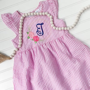 Monogrammed Floral Seersucker Dress, Personalized Toddler Outfit, Flower Dress, Toddler Girl Summer Dress, Pink Birthday Dress, Embroidered