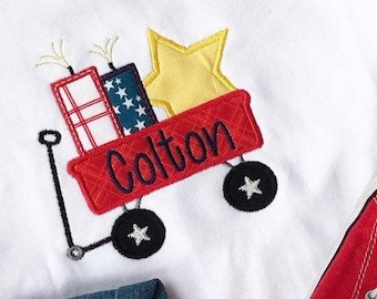 Geborduurd 4 juli-peutershirt, patriottische wagenappliqué