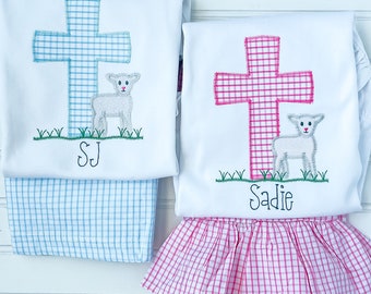 Embroidered Easter Set, Personalized Easter Outfit, Kids Cross Shirt with Lamb, Toddler Easter Shirt, Seersucker Easter Outfit, Christian