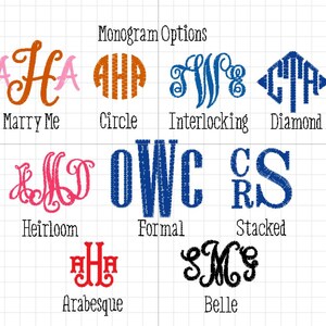 May include: A grid displays monogram options in various styles and colors. Text includes "Marry Me," "Circle," "Interlocking," "Diamond," "Heirloom," "Formal," "Stacked," "Arabesque," and "Belle."