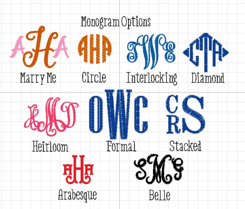 May include: A grid displays monogram options in various styles and colors. Text includes "Marry Me," "Circle," "Interlocking," "Diamond," "Heirloom," "Formal," "Stacked," "Arabesque," and "Belle."