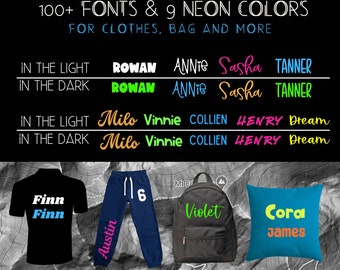 Glow in the dark Iron-on Decal, Personalized Name, Fabric Iron on, Halloween decal, Glow in the dark Name