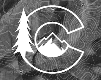 May include: A white graphic design of a mountain range inside a circle with a pine tree to the left. The graphic is superimposed on a black and white topographic map with the names of mountains and trails.