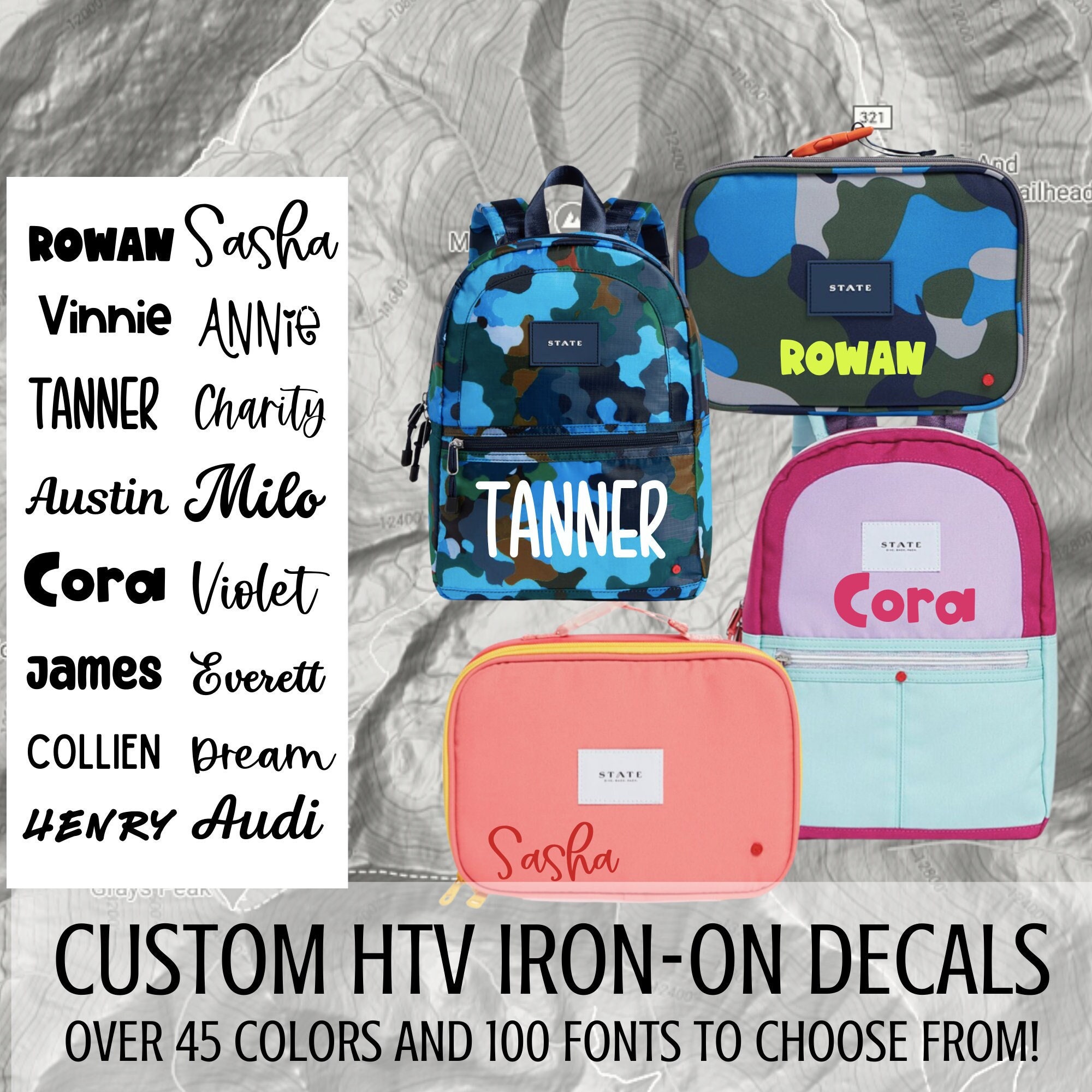 Personalized Name, Iron on Decal,  Back to School, Name Label, HTV Decal, Backpack, Fabric Lunchbox,