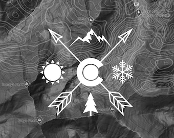 May include: A white graphic design featuring a stylized letter "C" with a sun, a snowflake, a pine tree, and four arrows pointing in different directions. The design is superimposed on a black and white topographic map.