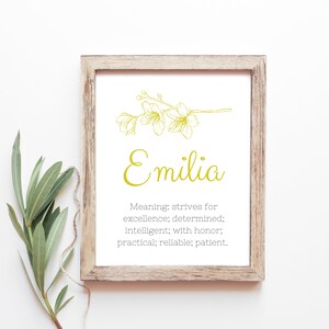 Emilia Yellow Baby Name Meaning Baby Names Nursery Sign Girl Names Printables Instant Digital Downloads