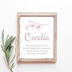 Puede incluir: Una impresión de arte imprimible con un diseño floral y el nombre "Cecelia" en escritura rosa. El texto a continuación define el significado del nombre como "patrona de la música; imaginativa; creativa; cariñosa; compasiva; optimista; caritativa."