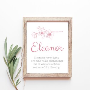 May include: A framed print with the name "Eleanor" in pink script, accompanied by a floral illustration. The print includes the name's meaning: ray of light, one who heals, enchanting, full of wisdom, notable, resourceful, and a blessing.