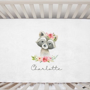 Custom Baby Name Watercolor Floral Racoon Animal Minky Crib Sheet - Monogram Crib Sheet - Girl Nursery Bedding - Pink Baby Bedding
