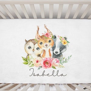 Custom Baby Name Watercolor Floral Woodland Animal Minky Crib Sheet - Monogram Crib Sheet - Girl Nursery Bedding - Pink Baby Bedding