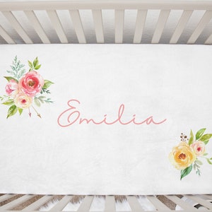 Custom Baby Name Watercolor Floral Woodland Minky Crib Sheet - Monogram Crib Sheet - Girl Nursery Bedding - Pink Baby Bedding