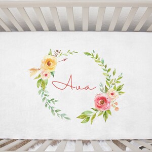 Custom Baby Name Watercolor Floral Minky Crib Sheet - Monogram Crib Sheet - Baby Girl Nursery Bedding