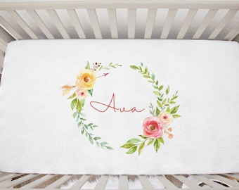 Custom Baby Name Watercolor Floral Minky Crib Sheet - Monogram Crib Sheet - Baby Girl Nursery Bedding