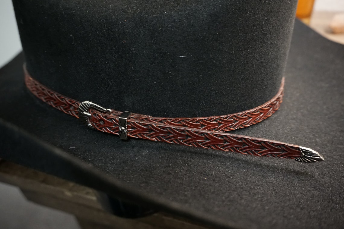 Hat Band Leather Tooled Braid Mahogany Small to Medium Etsy
