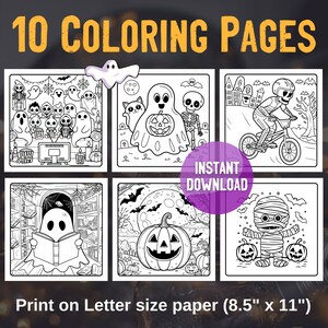 May include: Ten black and white coloring pages featuring Halloween themes, including ghosts, pumpkins, skeletons, and a mummy. The pages are designed to be printed on letter-sized paper, which is 8.5 inches by 11 inches.