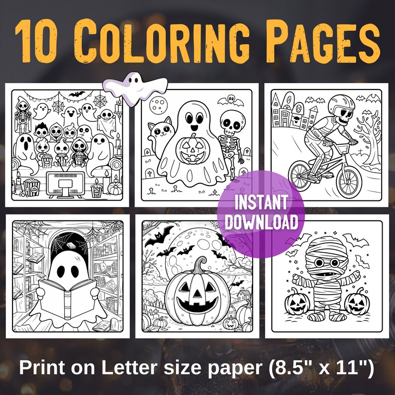 May include: Ten black and white coloring pages featuring Halloween themes, including ghosts, pumpkins, skeletons, and a mummy. The pages are designed to be printed on letter-sized paper, which is 8.5 inches by 11 inches.