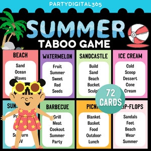 Juegos de cartas tabú de verano / Juego grupal imprimible / Juego familiar de verano / Actividad de juego para niños de verano / Noche de trivia / Juegos tabú