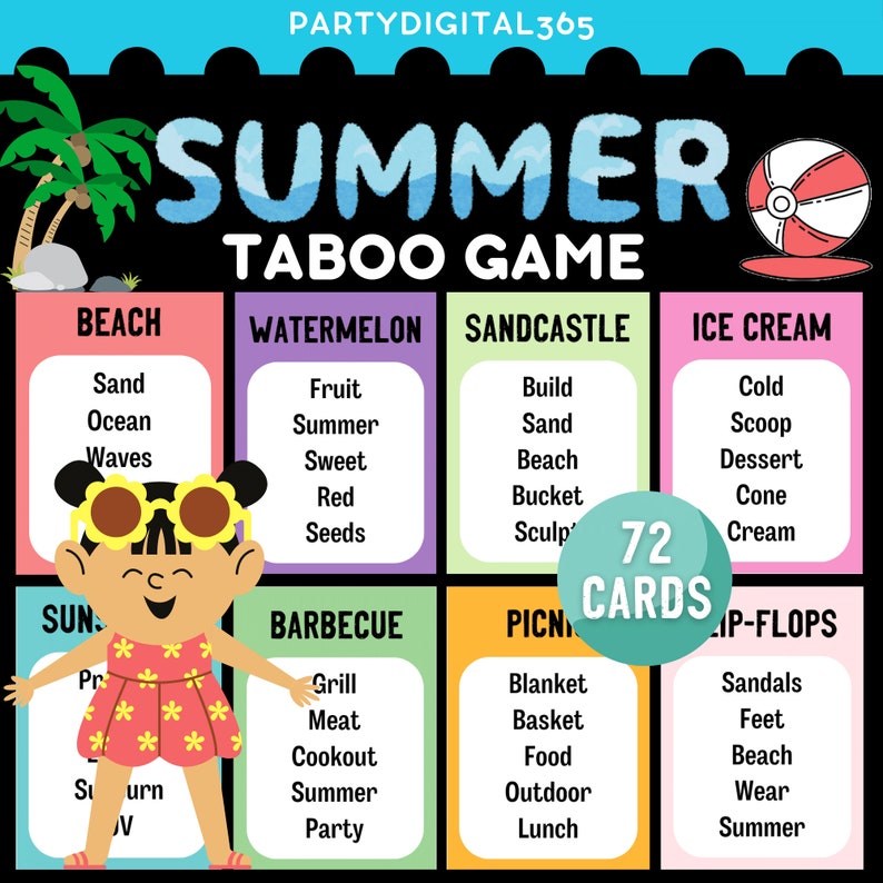 Summer Taboo Cards Games | Printable Group Game | Summer Family Friendly Game | Summertime Kids ...