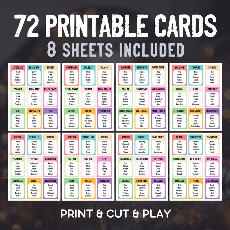 Summer Taboo Cards Games | Printable Group Game | Summer Family Friendly Game | Summertime Kids ...